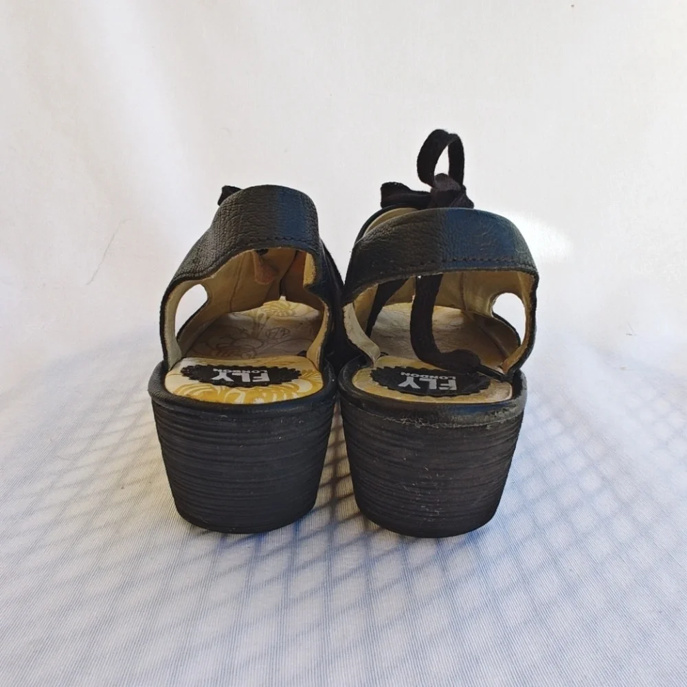 Fly London‎ YLFA Wedge Sandals Leather Black Lace Up Platform Size EU 39